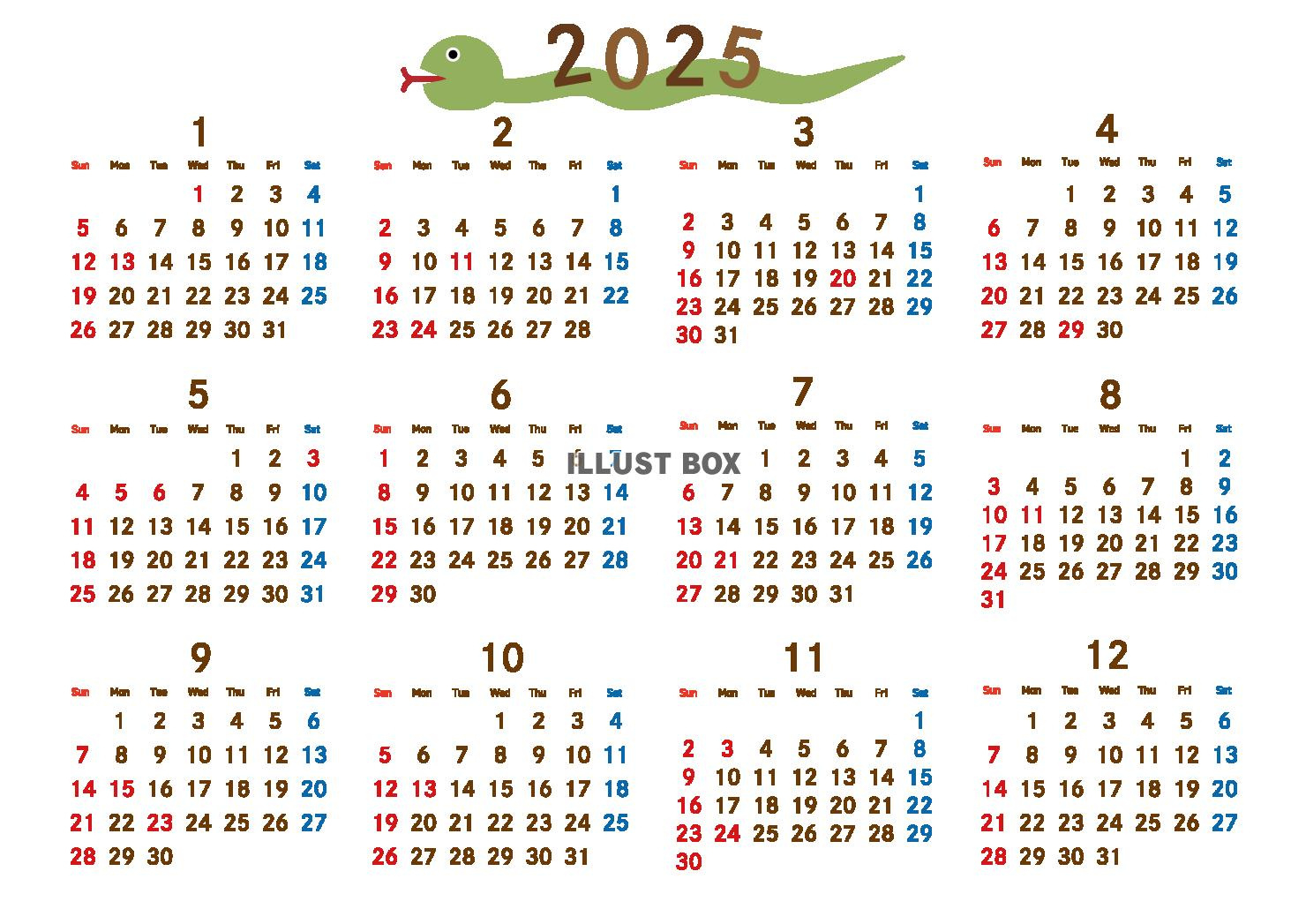 2025年 年間カレンダー かわいいへび 令和7年 A4横：イラスト無料 | 2025年カレンダー 無料 かわいい 年間