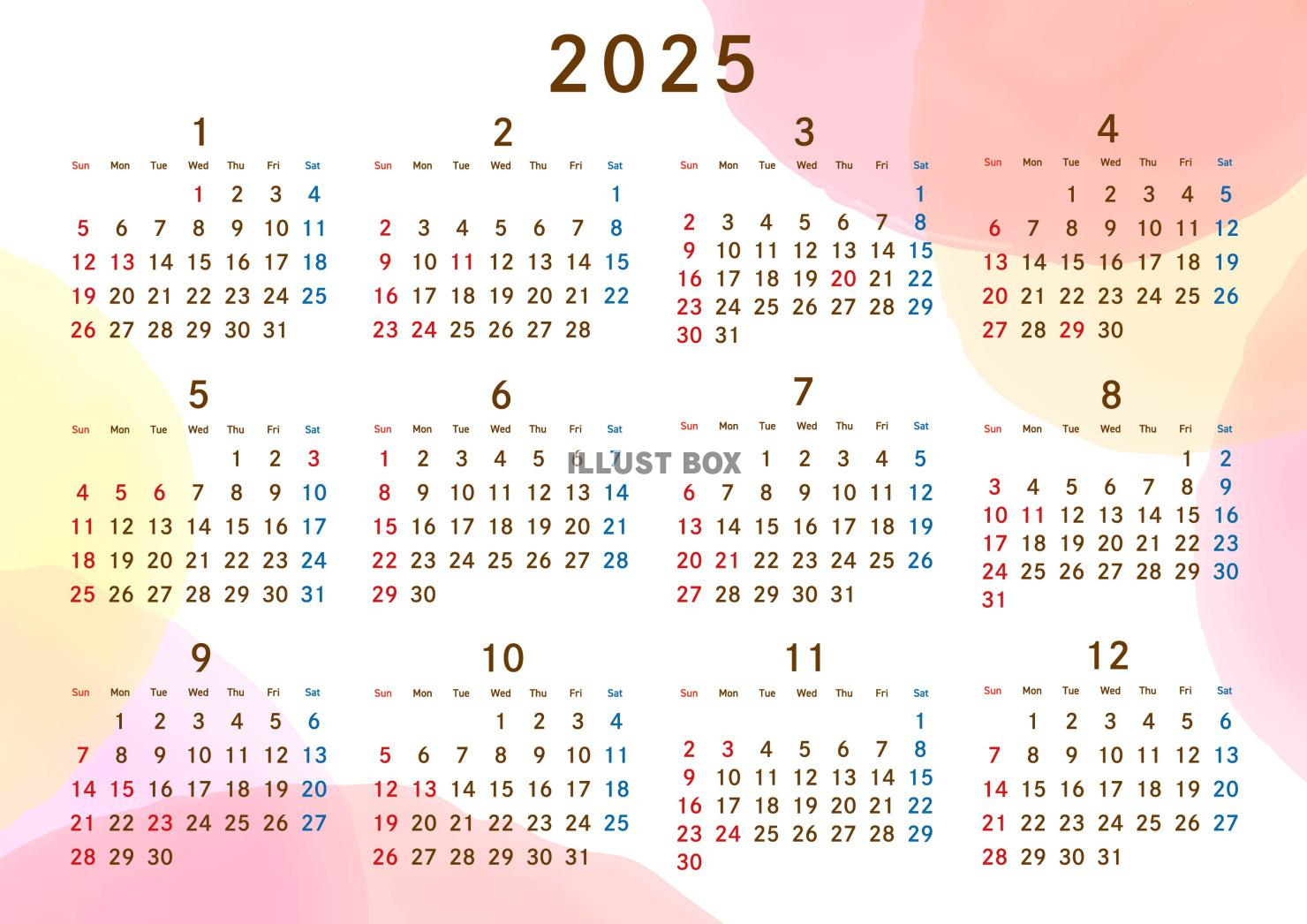 2025年 年間カレンダー 暖色系水彩 令和7年 A4横：イラスト無料 | 2025年年間カレンダー