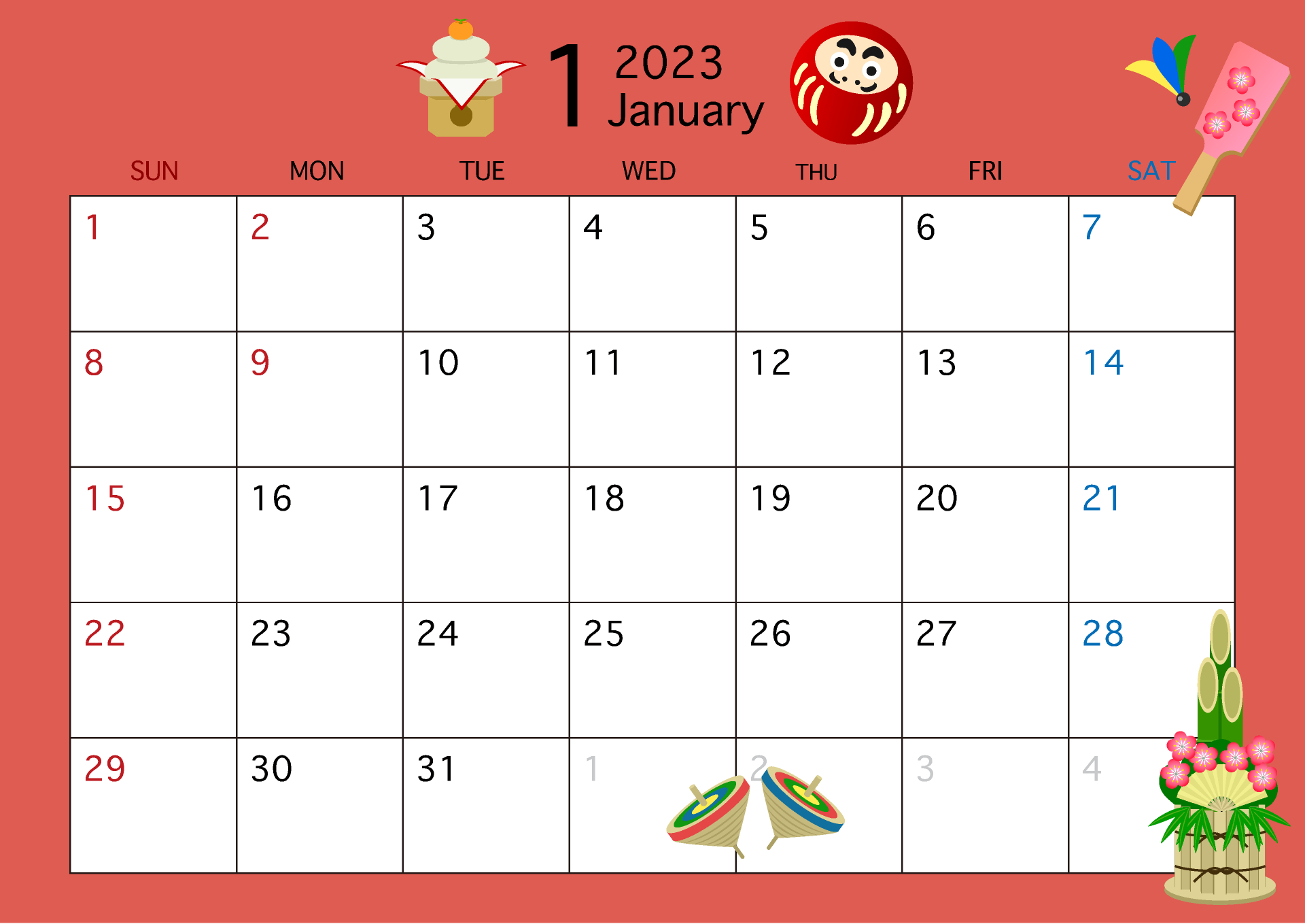 2025年1月カレンダー（正月）の無料イラスト素材｜イラストイメージ | 2025年カレンダー 1月 印刷