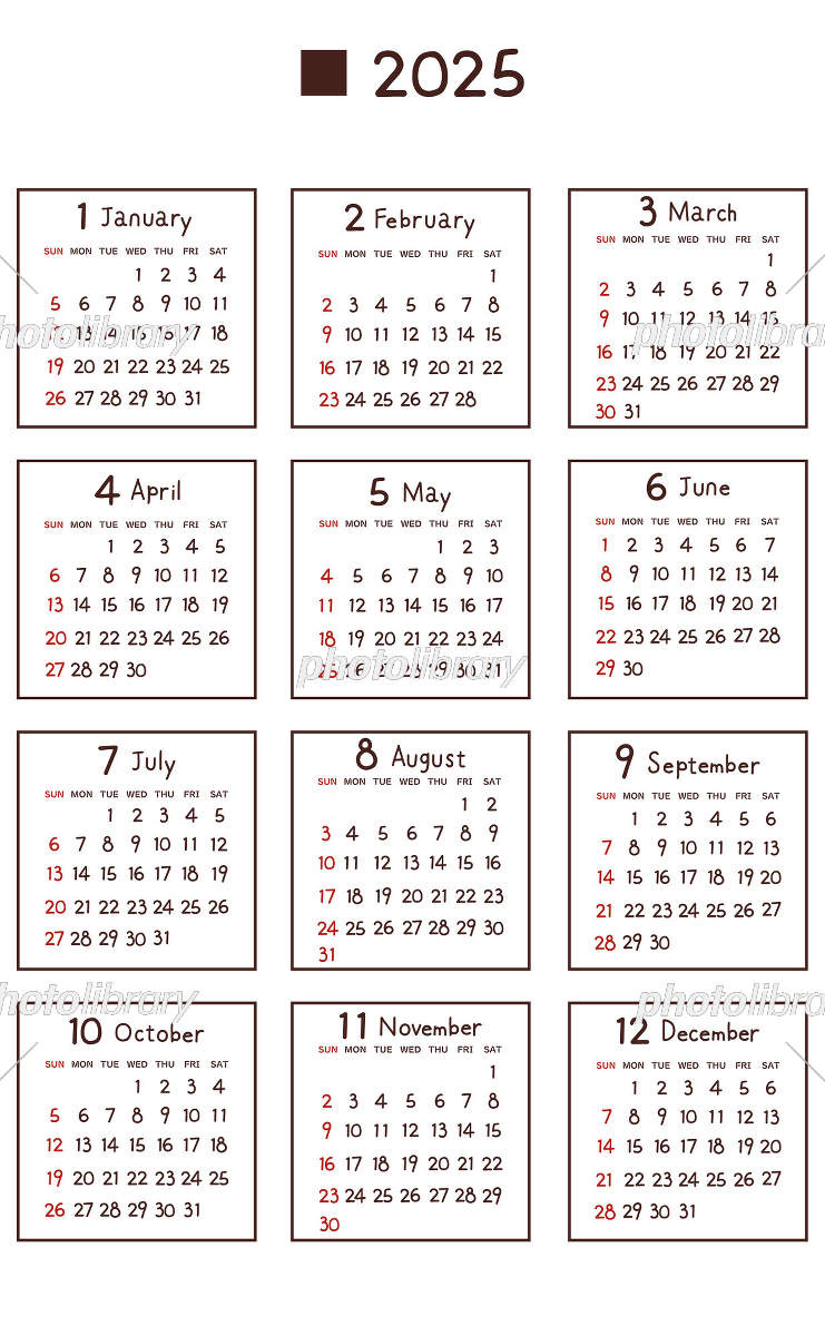 2025年の年間カレンダー 日曜日始まり イラスト素材 [ 7569425 | 2025年年間カレンダー