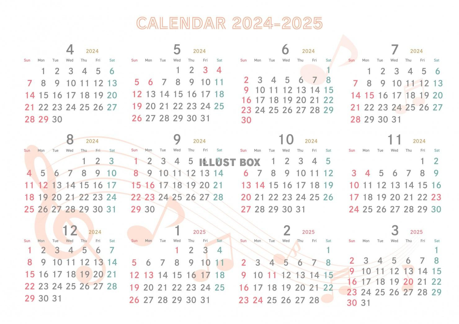 4月はじまりカレンダー03 2024-2025 音符がかわいい：イラスト無料 | 2025年カレンダー 無料 かわいい 年間