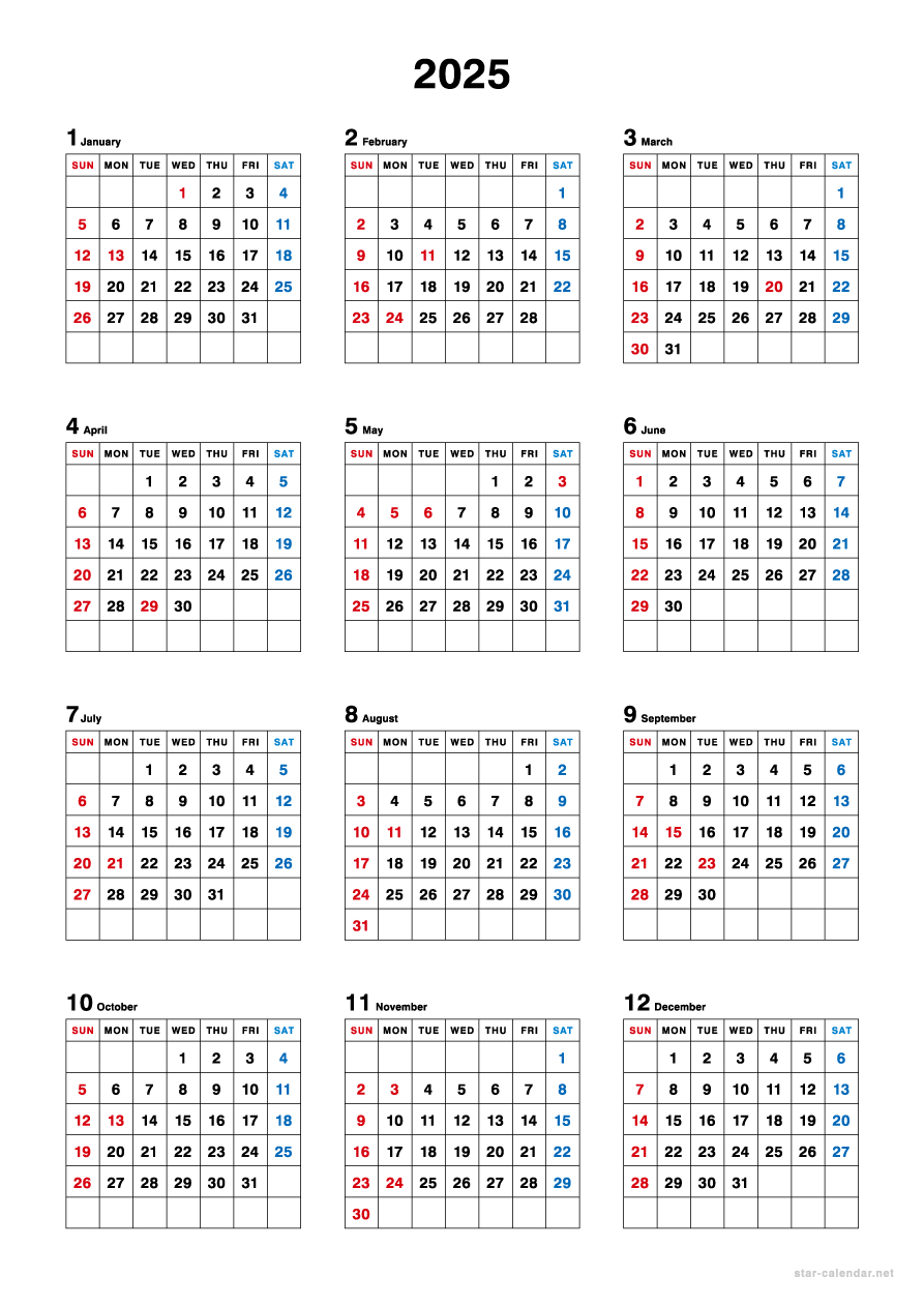 シンプル 2025年 ｜ 年間カレンダー | 2025年カレンダー 年間 無料