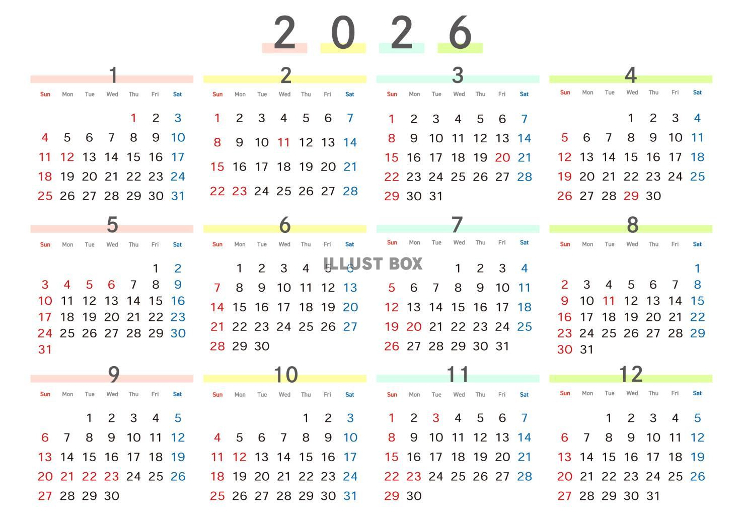 2026年 年間カレンダー シンプルパステルカラー：イラスト無料 | 2026年 カレンダー 見やすい
