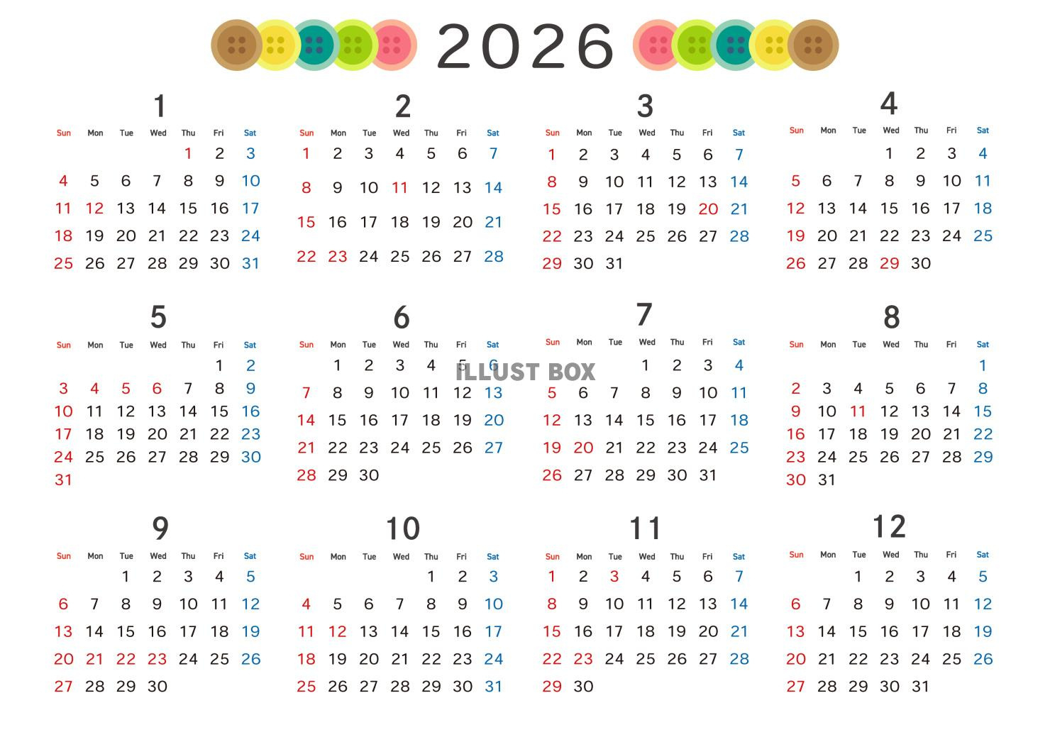 2026年 年間カレンダー ボタン柄：イラスト無料 | 2026年年間カレンダー