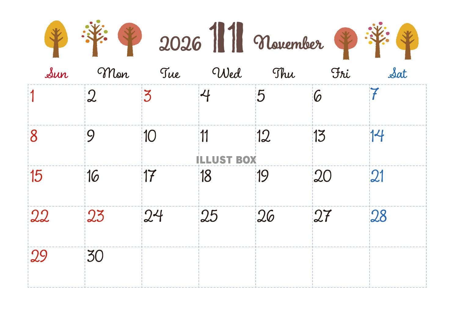 2026年11月カレンダー 紅葉：イラスト無料 | 紅葉カレンダー 2026