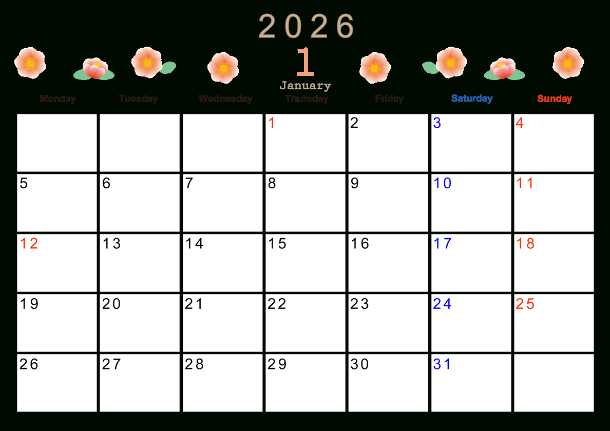 2026年1月横型の月曜始まり ピンクの花イラストのかわいいA4無料 | 2026 1月 カレンダー 月曜始まり