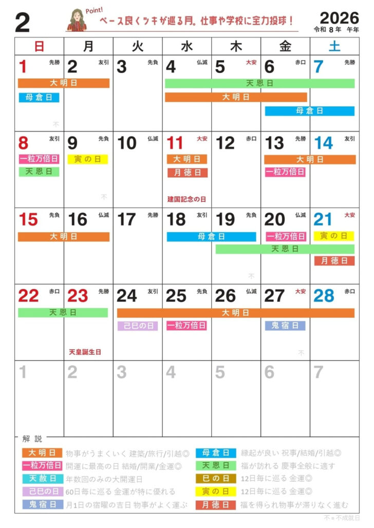 2026 年 2 月 の カレンダー 表示