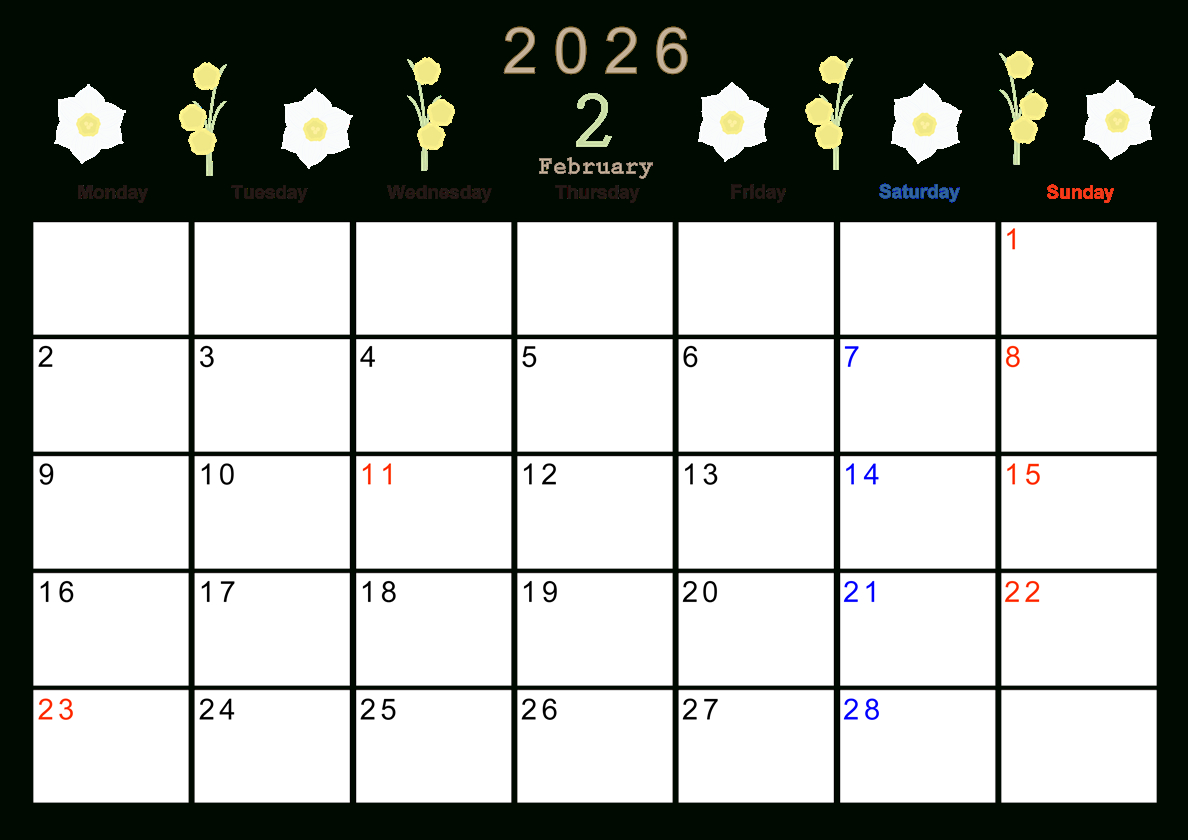 2026年2月横型の月曜始まり 黄色の草花がかわいいイラストA4無料 | 2026年カレンダー 2月かわいい