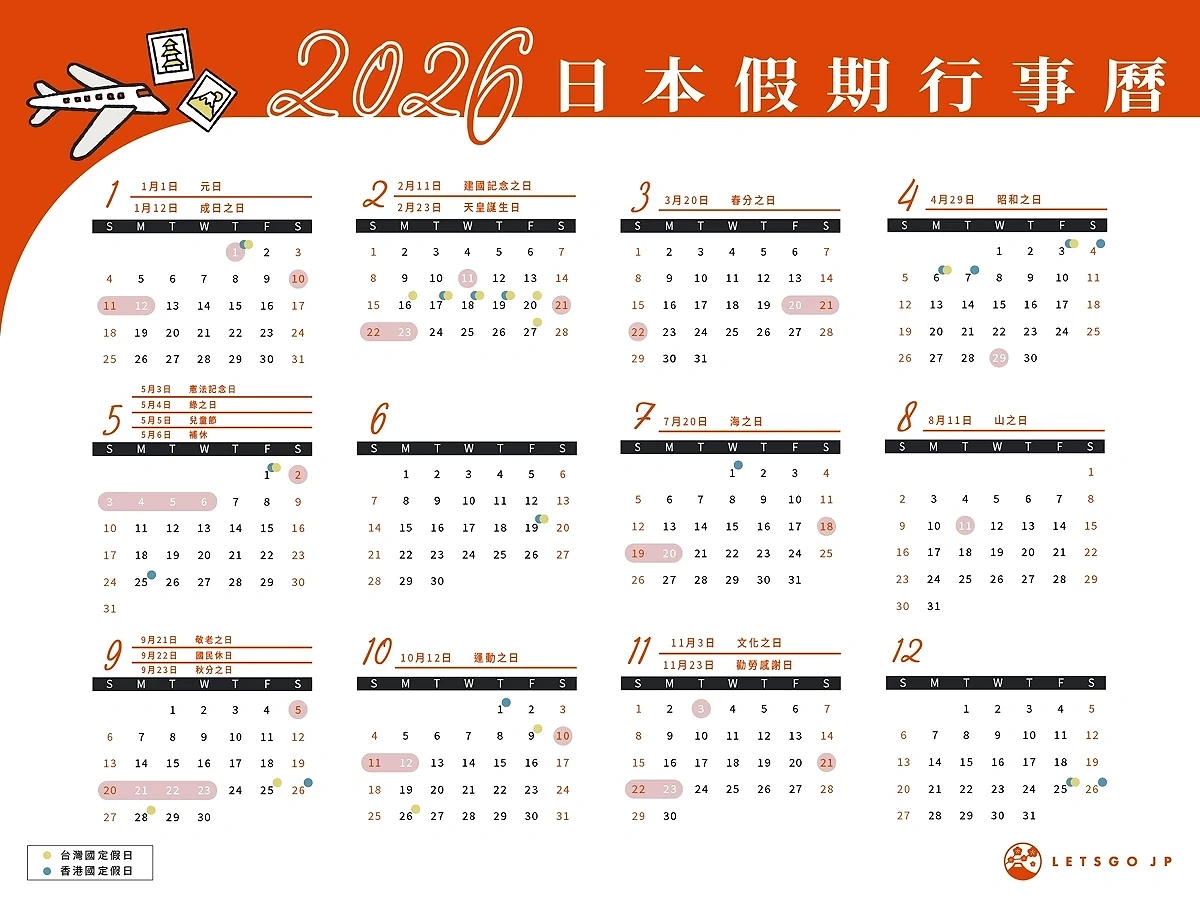 2026日本假期及連假一覽：黃金週、年末年始、學生寒暑假與淡旺季全掌握 | 日本2026年日历