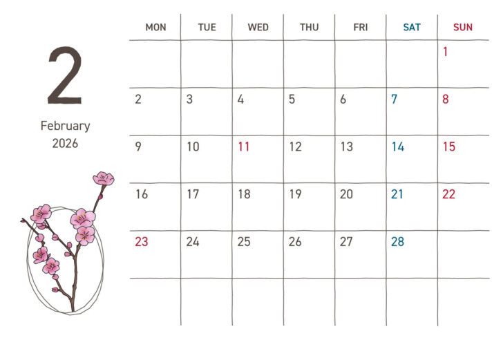 2026 年 2 月 の カレンダー 画像
