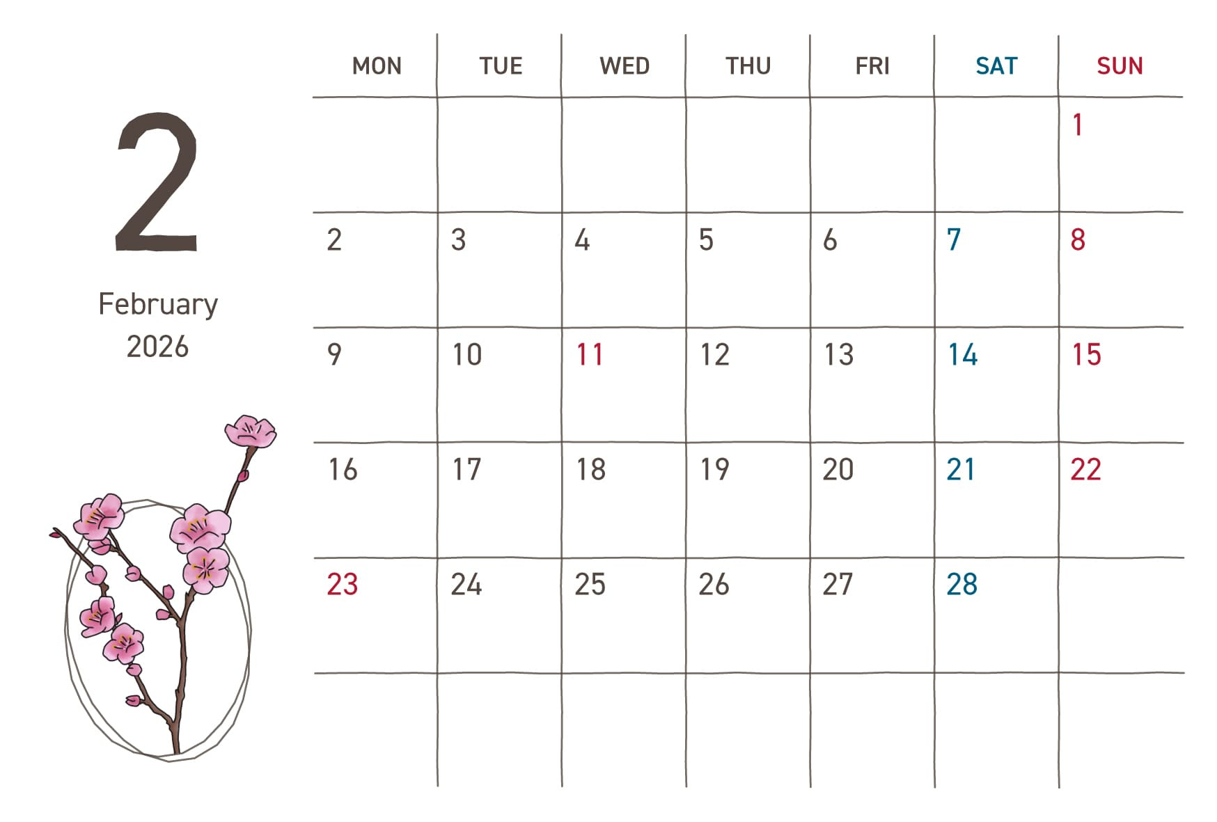 カレンダー｜2026年2月｜フリー素材 - Greenstock40 | 2026年カレンダー 2月 3月