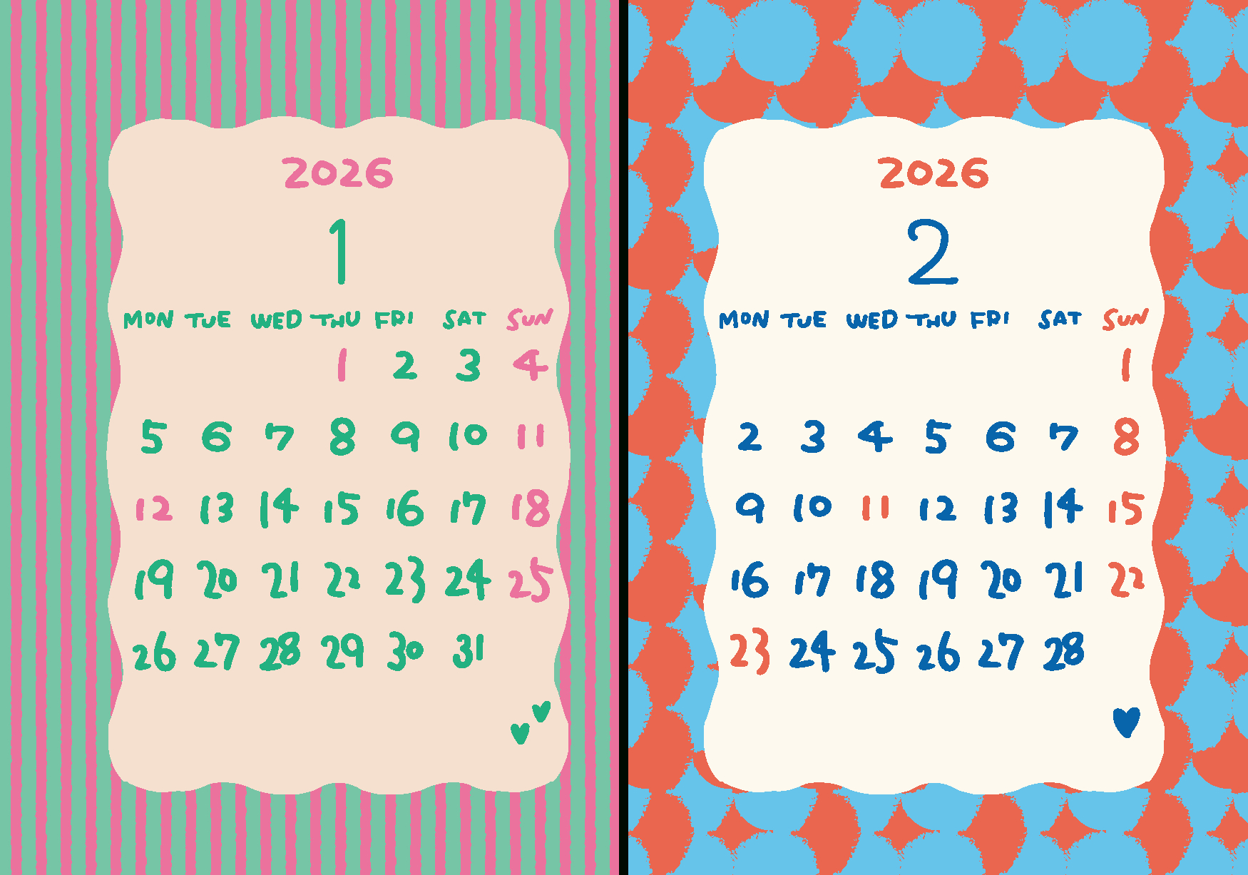 プリントデータ】2026年1月・2月のカレンダー｜28Mew28 | 2026 1 月 と 2 月 の カレンダー