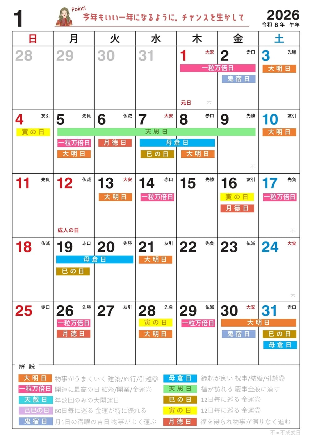 新年1月5日(月)は一粒万倍日、大明日、天恩日が重なる大開運日！縁起の | 吉日カレンダー 2026