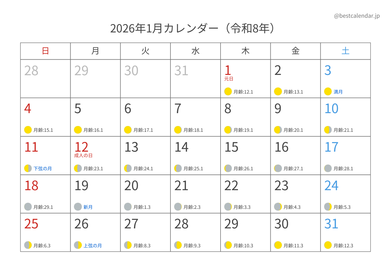 満月・新月カレンダー 2026年｜令和8年の月の満ち欠けと月齢を一目で | 2026年新月満月カレンダー