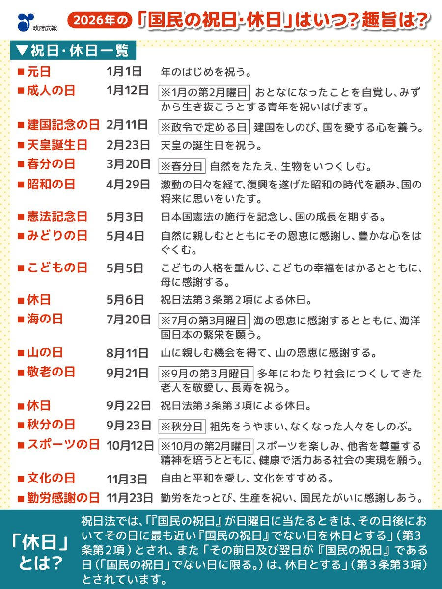 📌2026年の祝日はいつ？🎌 毎年2月に翌年の祝日が確定することをご存じ | 2026 祝日一覧