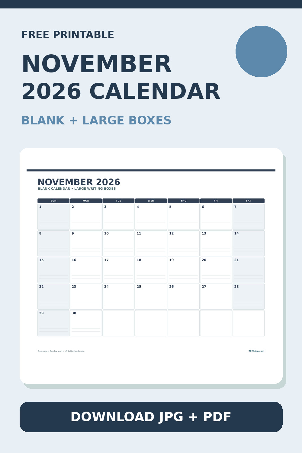 Blank November 2026 Calendar Printable With Large Boxes printable calendar preview