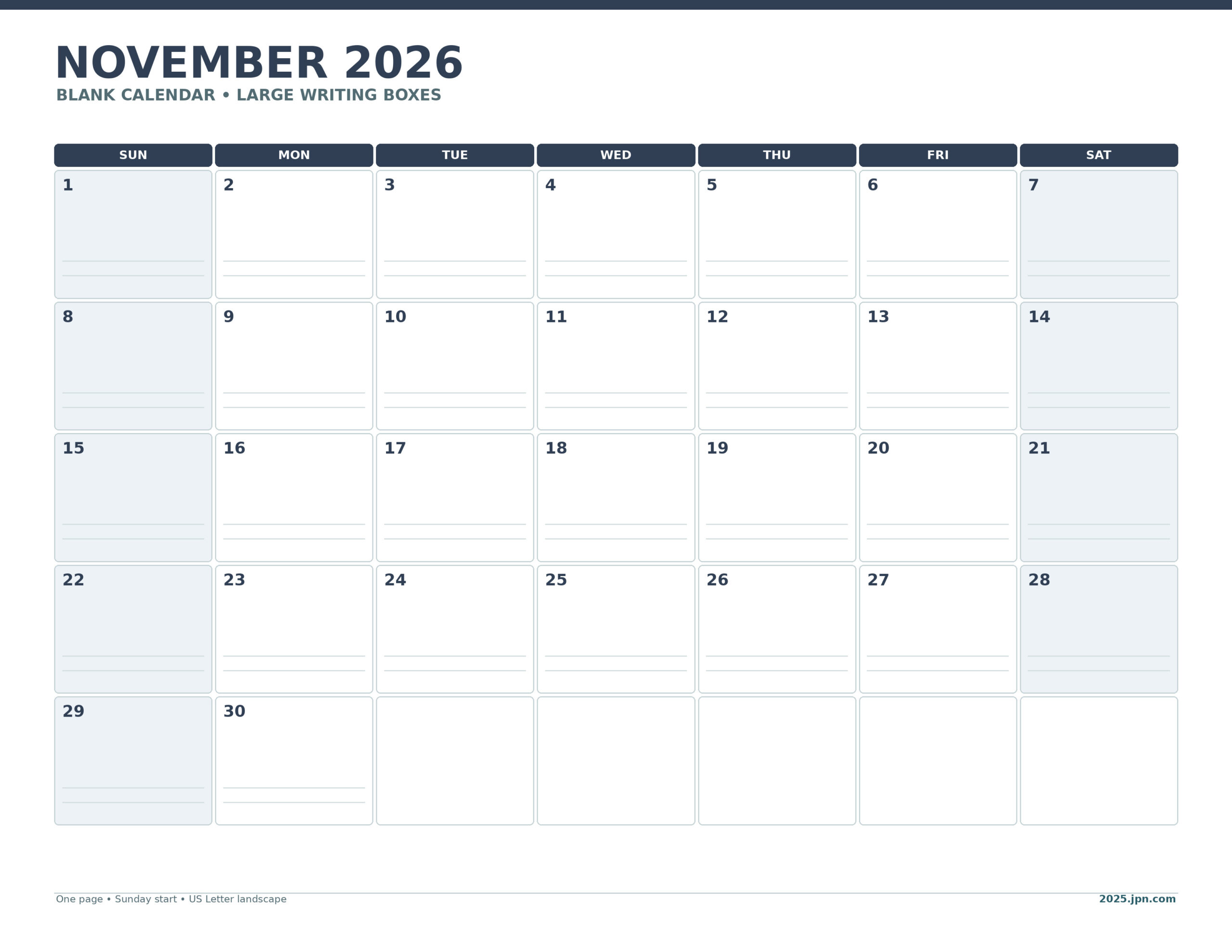 Blank November 2026 Calendar Printable With Large Boxes printable calendar preview