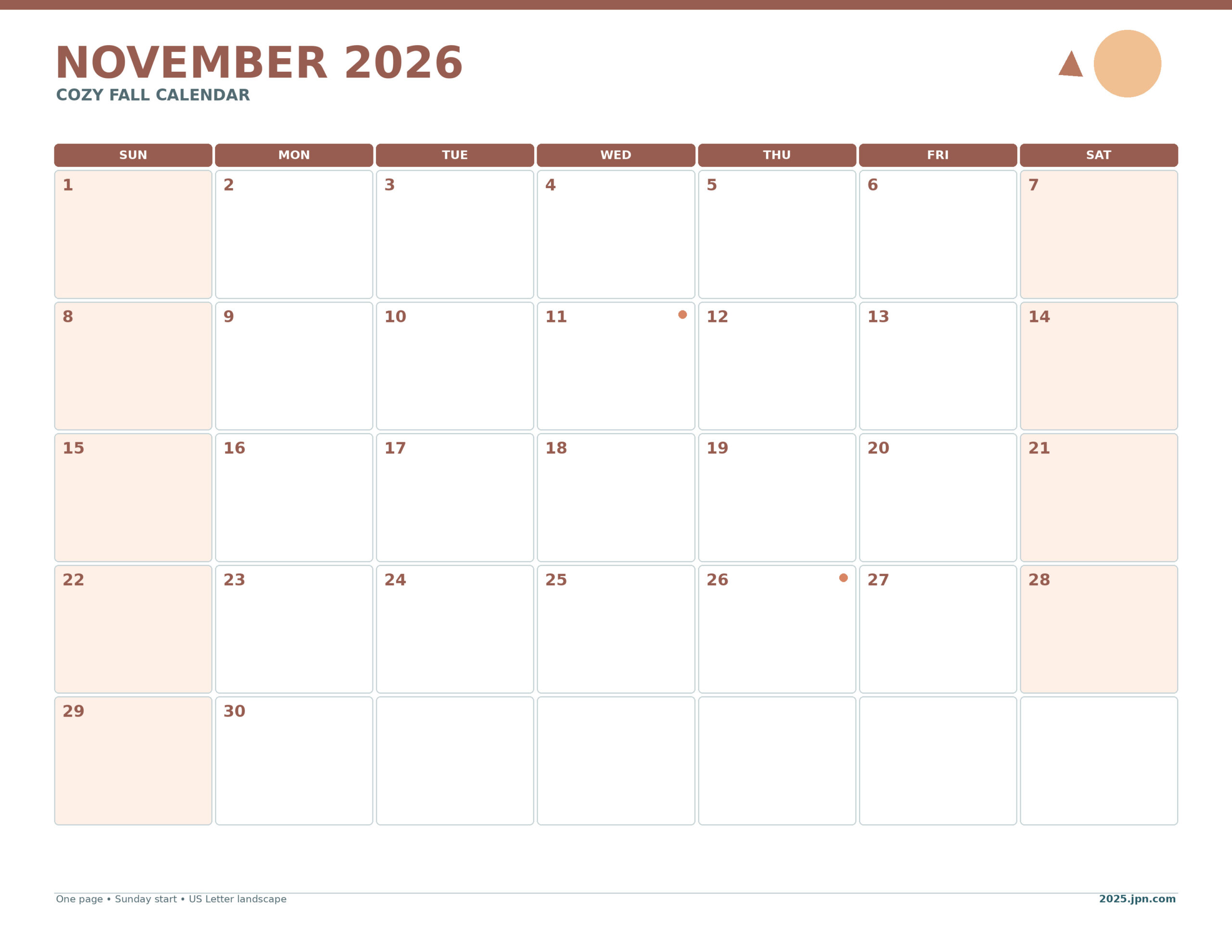 Cute November 2026 Calendar Printable: Cozy Fall Style printable calendar preview