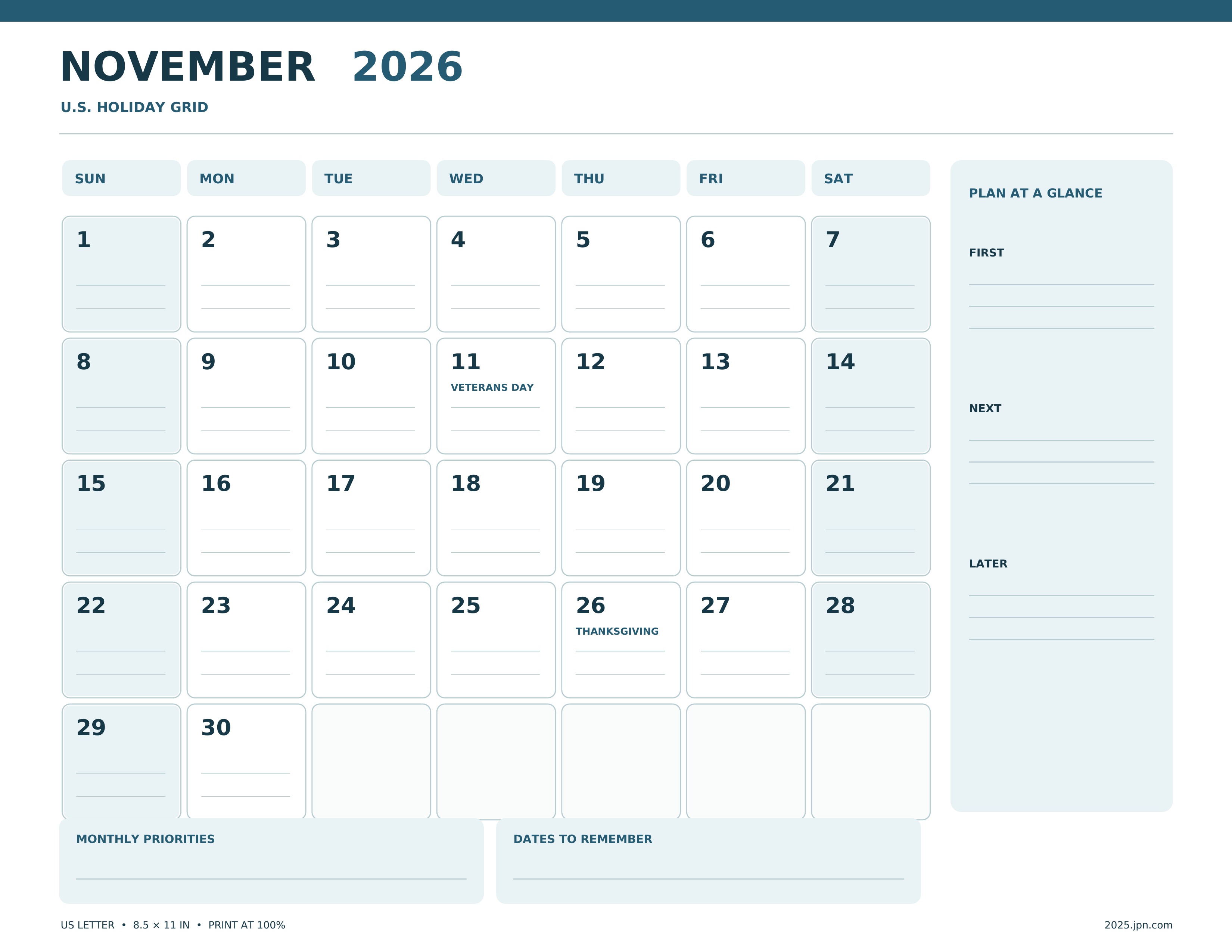 November 2026 calendar with Veterans Day and Thanksgiving