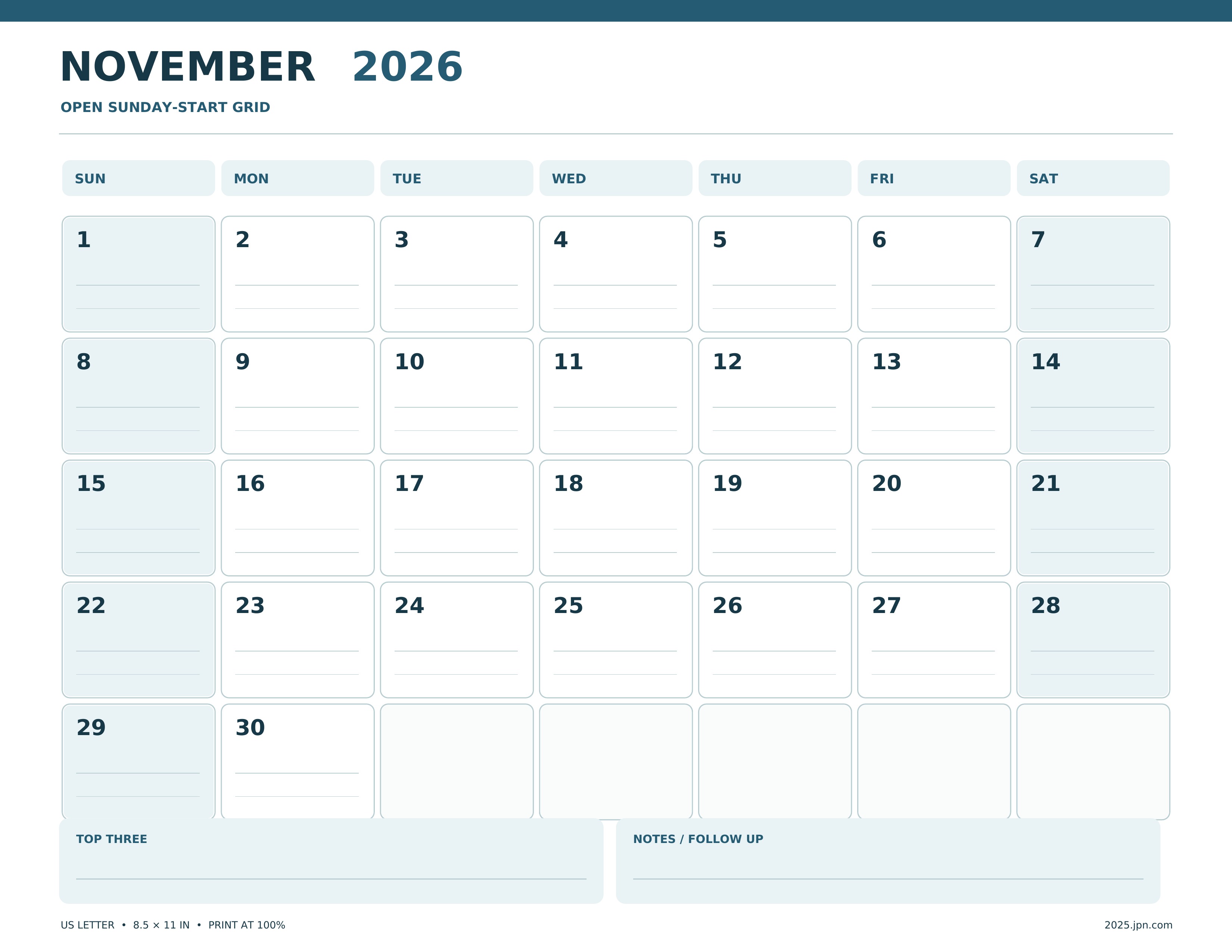 Free printable calendars for November 2026: Sunday-start grid