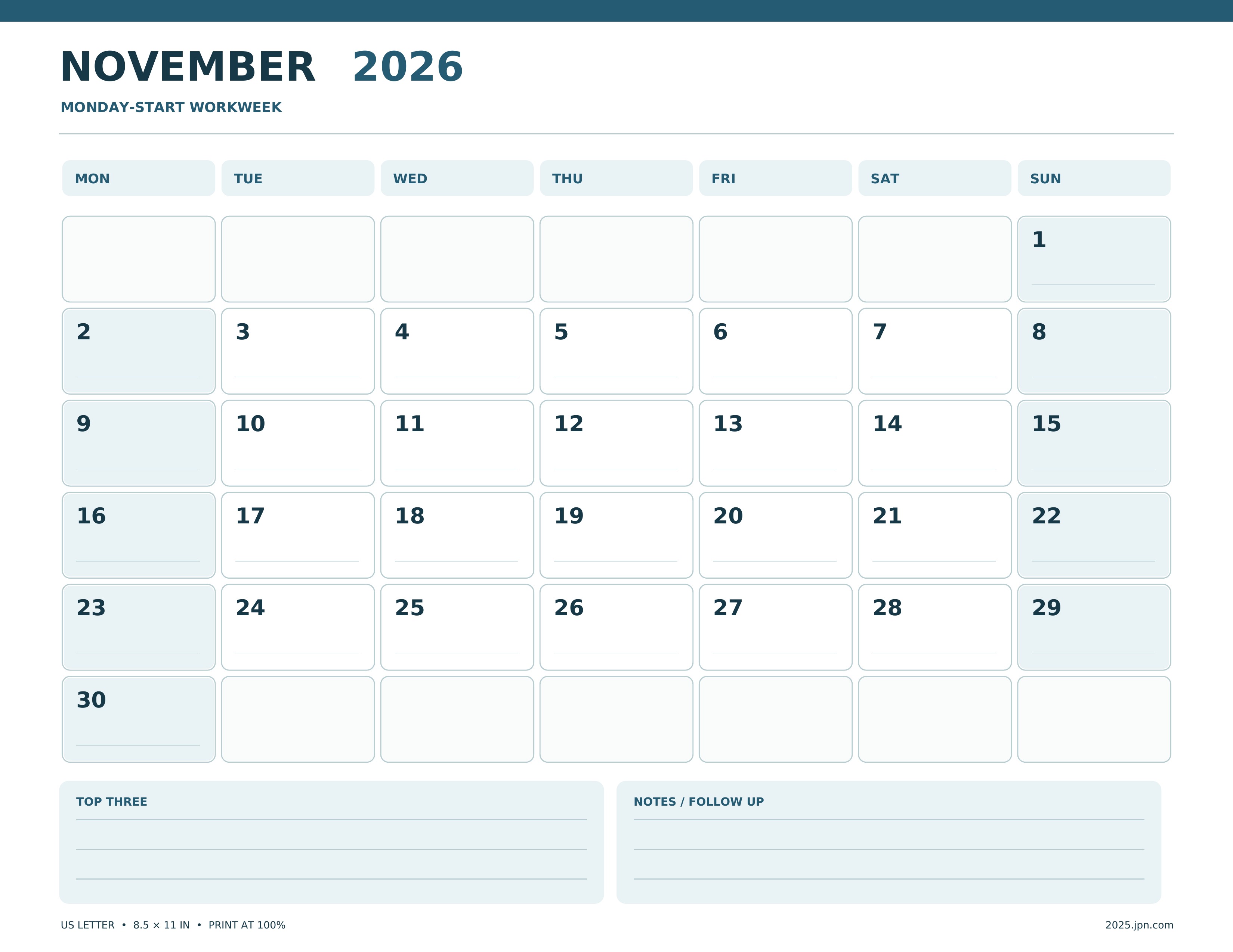 November 2026 Monday-start workweek calendar printable