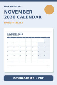 November 2026 Calendar Monday Start Printable printable calendar preview