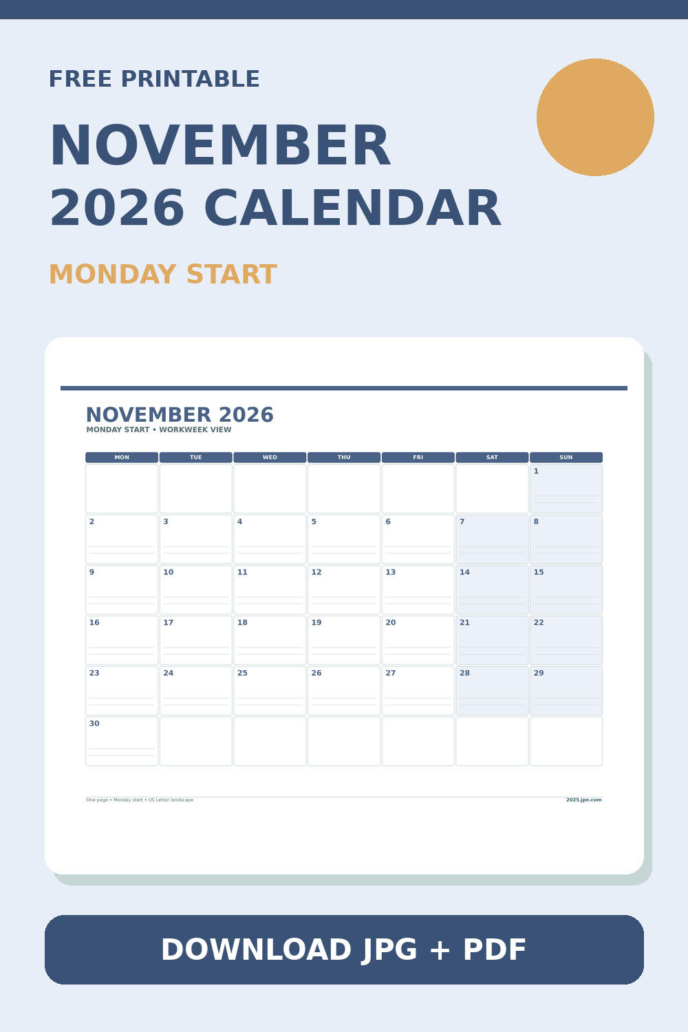 November 2026 Calendar Monday Start Printable printable calendar preview