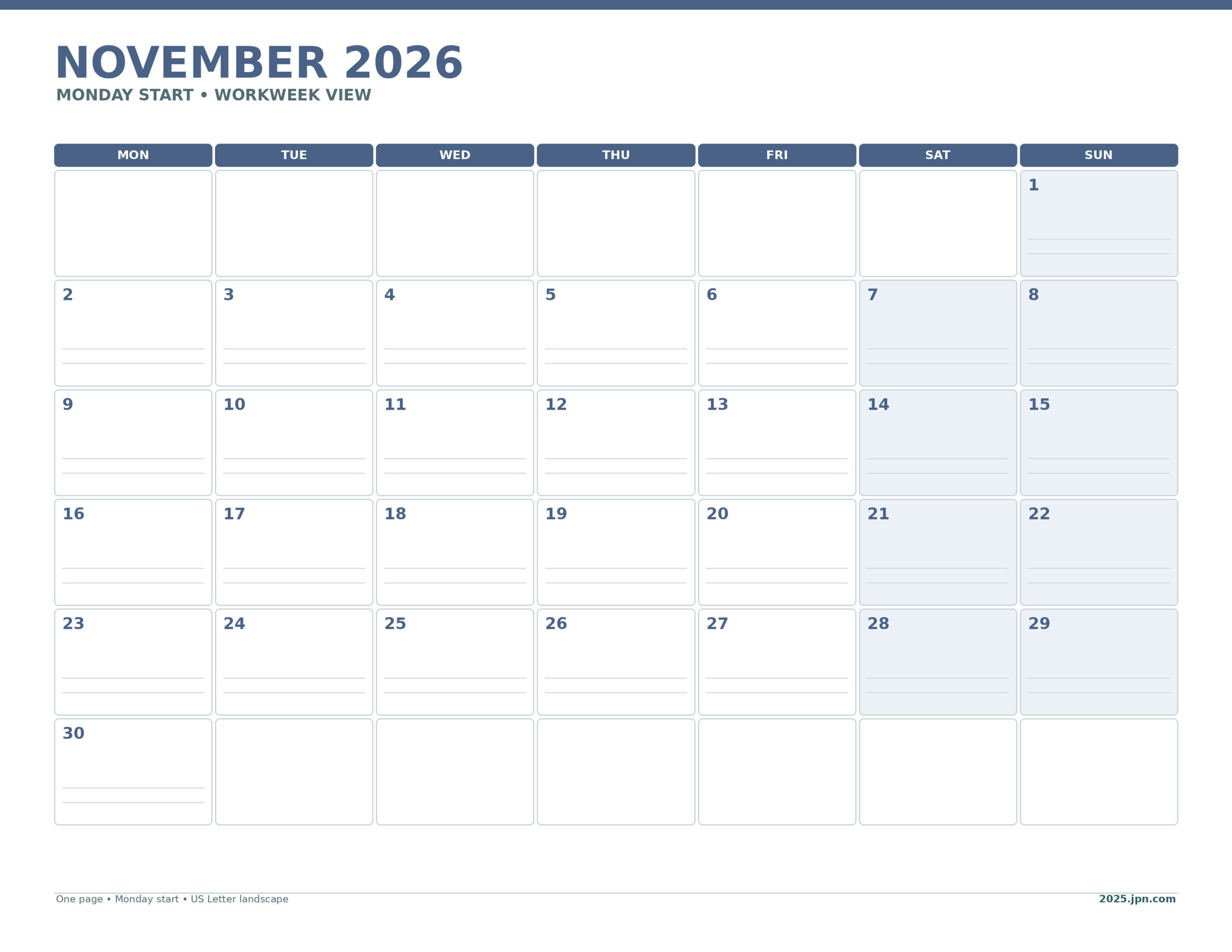 November 2026 Calendar Monday Start Printable printable calendar preview