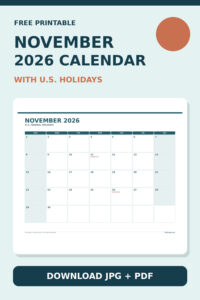 November 2026 calendar with U.S. holidays printable preview