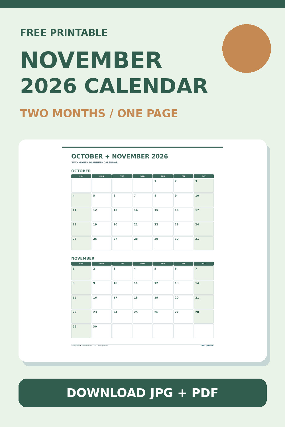 October and November 2026 Calendar Printable: Two Months printable calendar preview