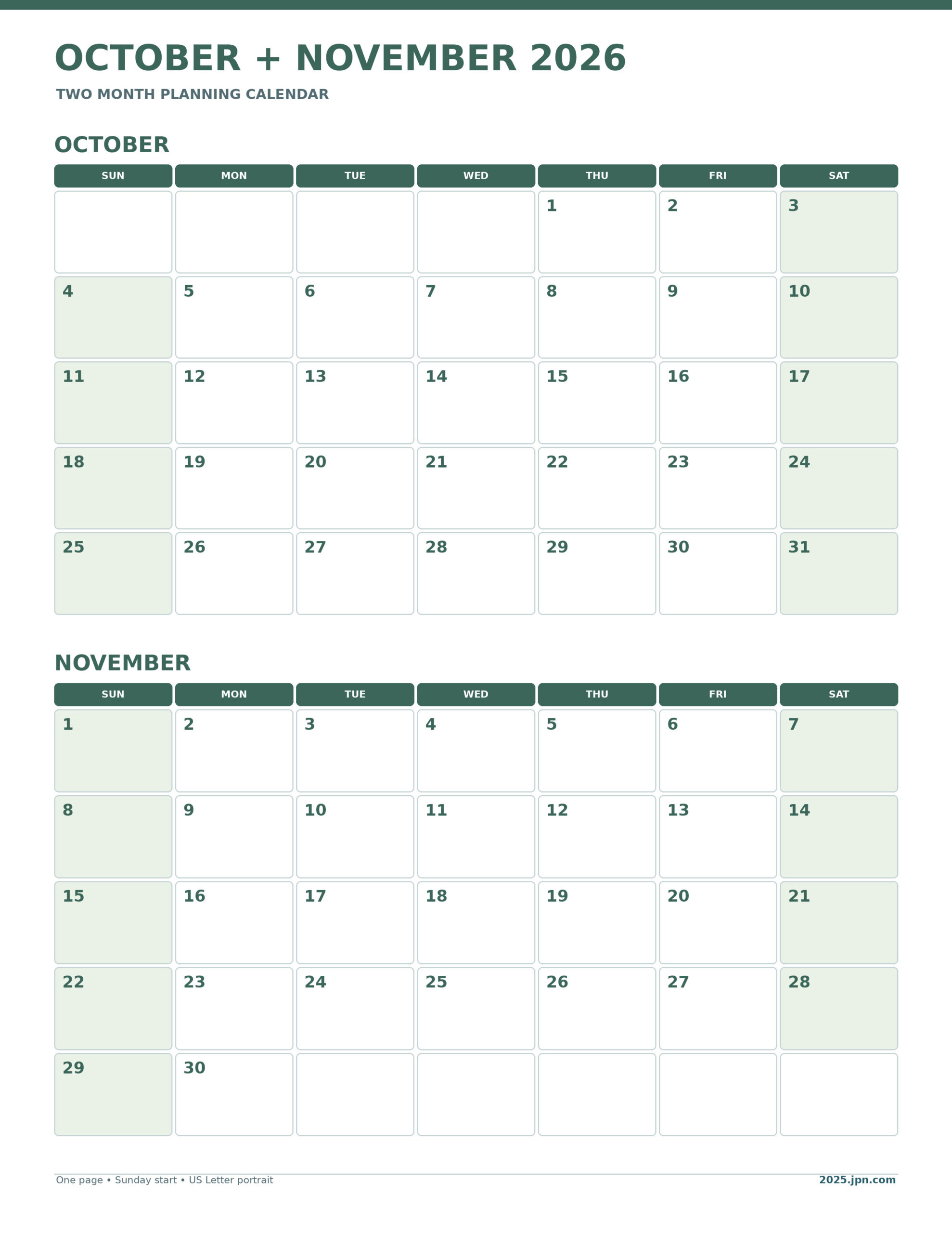 October and November 2026 Calendar Printable: Two Months printable calendar preview